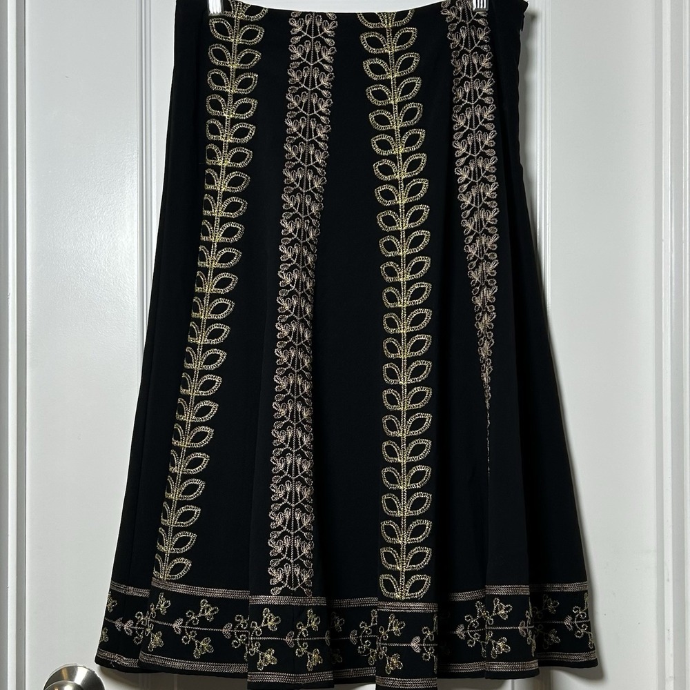 Sunny Leigh Black Gold Embroidered A-Line Midi Skirt Boho Dark Academia Style